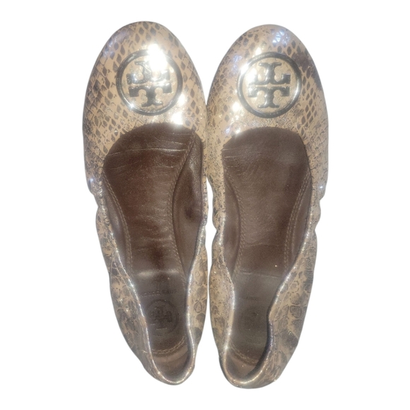 Tory Burch Heidi Reptile Mettalic Snakeskin Silver/Tan/ Ballet Flats 6 1/2 - Picture 9 of 10